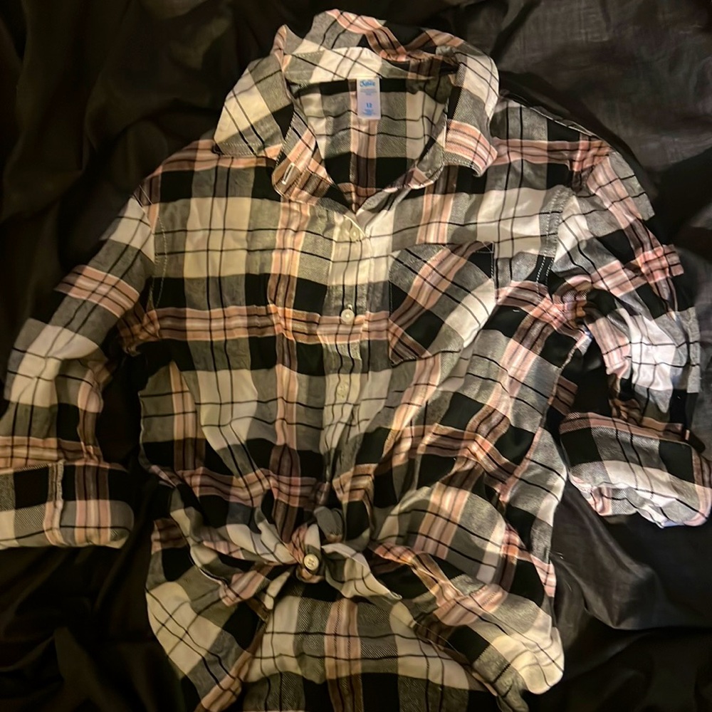 Justice Girls SZ 12 Flannel/Plaid Long Sleeved, Button up, Top, Black, Wht, Pink